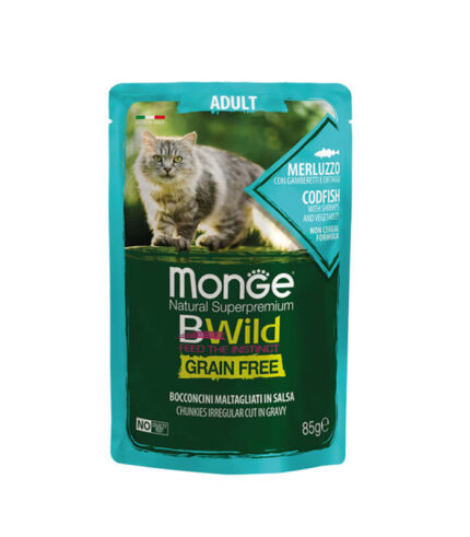 MONGE BWild Grain Free Adult Cat Codfish & Shrimps - komadići u sosu sa bakalarom (85g)