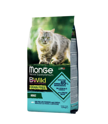 MONGE BWild Grain Free Formula Adult Cat Codfish with Potatoes and Lentils - grain free hrana za odrasle mačke sa bakalarom (1,5kg)