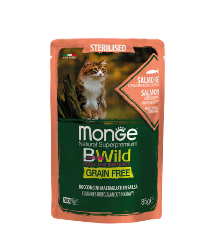 MONGE BWild Grain Free Sterilised Cat Salmon & Shrimps - komadići u sosu sa lososom (85g)