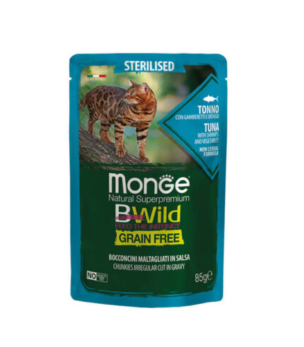 MONGE BWild Grain Free Sterilised Cat Tuna & Shrimps - komadići u sosu sa tunom (85g)