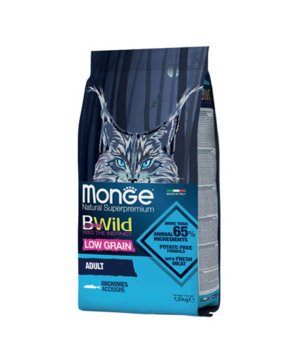 MONGE BWild Low Grain Adult Cat Anchovies - hrana za odrasle mačke sa inćunima (1,5kg)