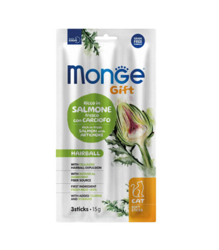 MONGE Gift Hairball Cat Salmon - soft sticks protiv dlakavih kugli sa lososom i artičokom (15g)