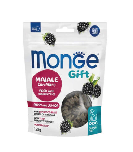 MONGE Gift Puppy & Junior Dog Pork - funkcionalne grickalice sa svinjetinom i kupinom (150g)