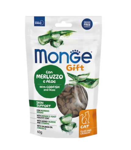 MONGE Gift Skin Support Cat Codfish & Aloe - punjene hrskave poslastice (60g)