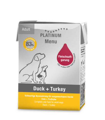 PLATINUM Menu Adult Duck + Turkey - vlažna hrana za pse sa pačetinom i ćuretinom (185g)