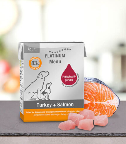 PLATINUM Menu Adult Turkey + Salmon - vlažna hrana za pse sa ćuretinom i lososom (90g, 185g, 375g)