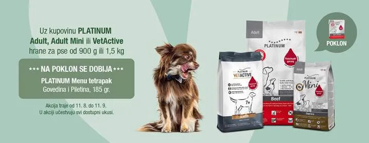 Na akciji 29 PLATINUM kampanja Uz kupovinu suve hrane poklon Menu 185g Granule.